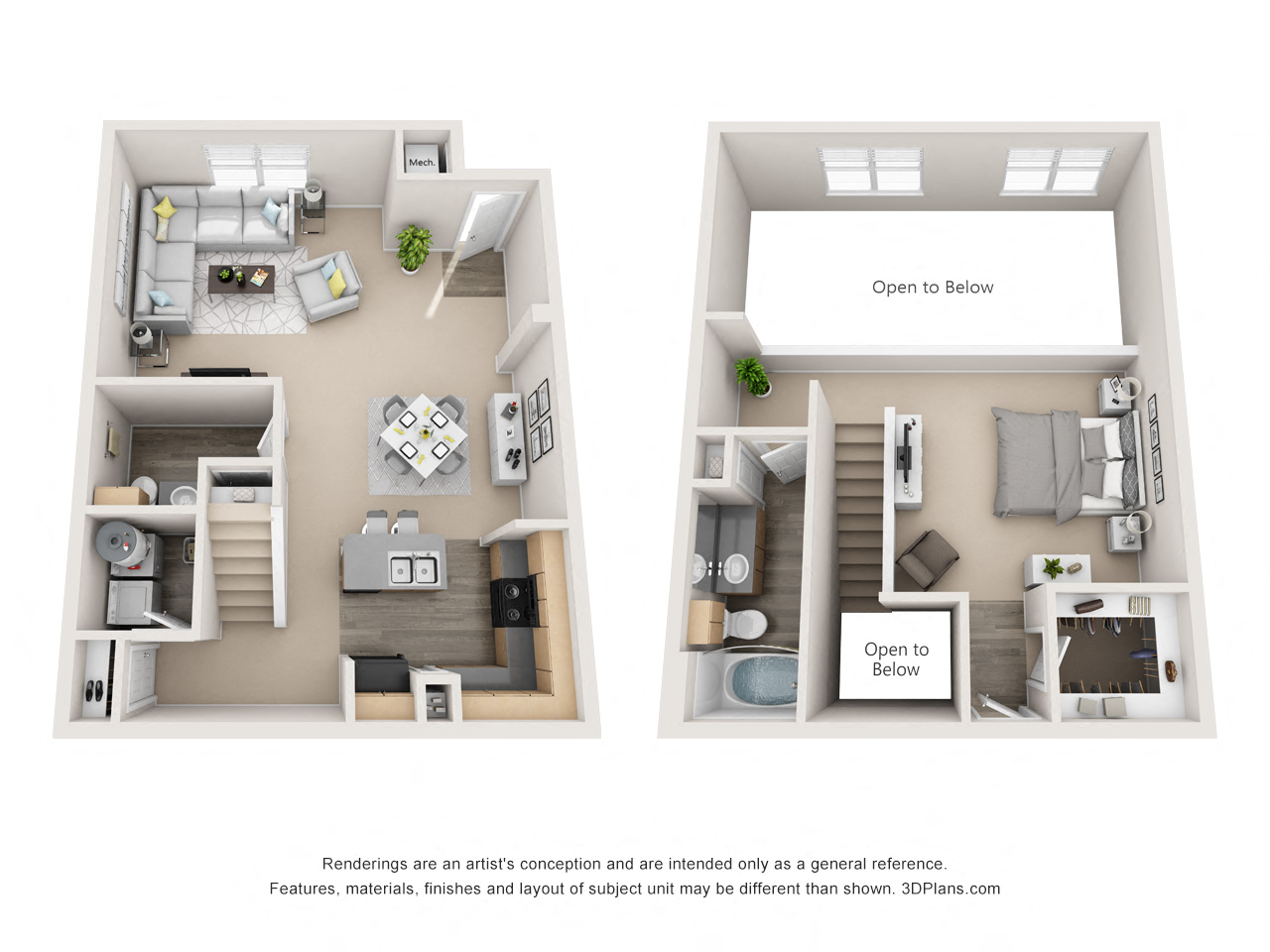 Floor plan for 1 bed, 1.5 baths, 1249 sqft